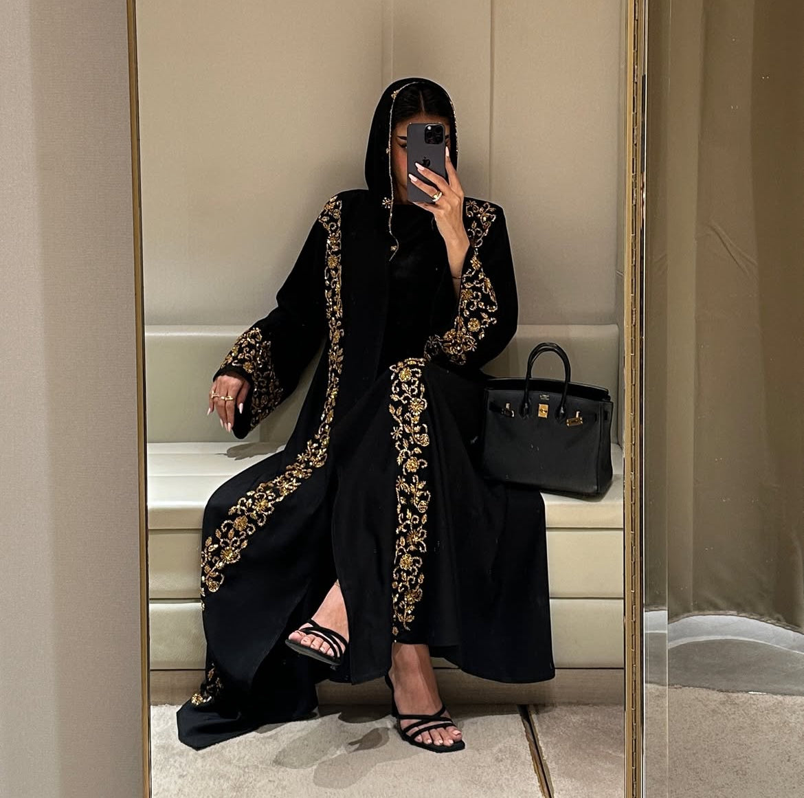 Ar-Rimal Gold Brocade Handwork Abaya - 3 Piece Set