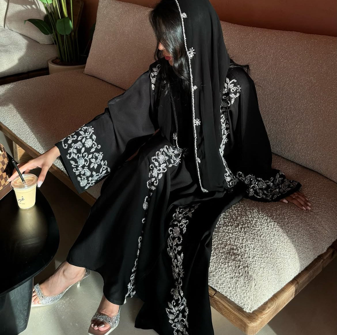 Ar-Rimal Gold Brocade Handwork Abaya - 3 Piece Set