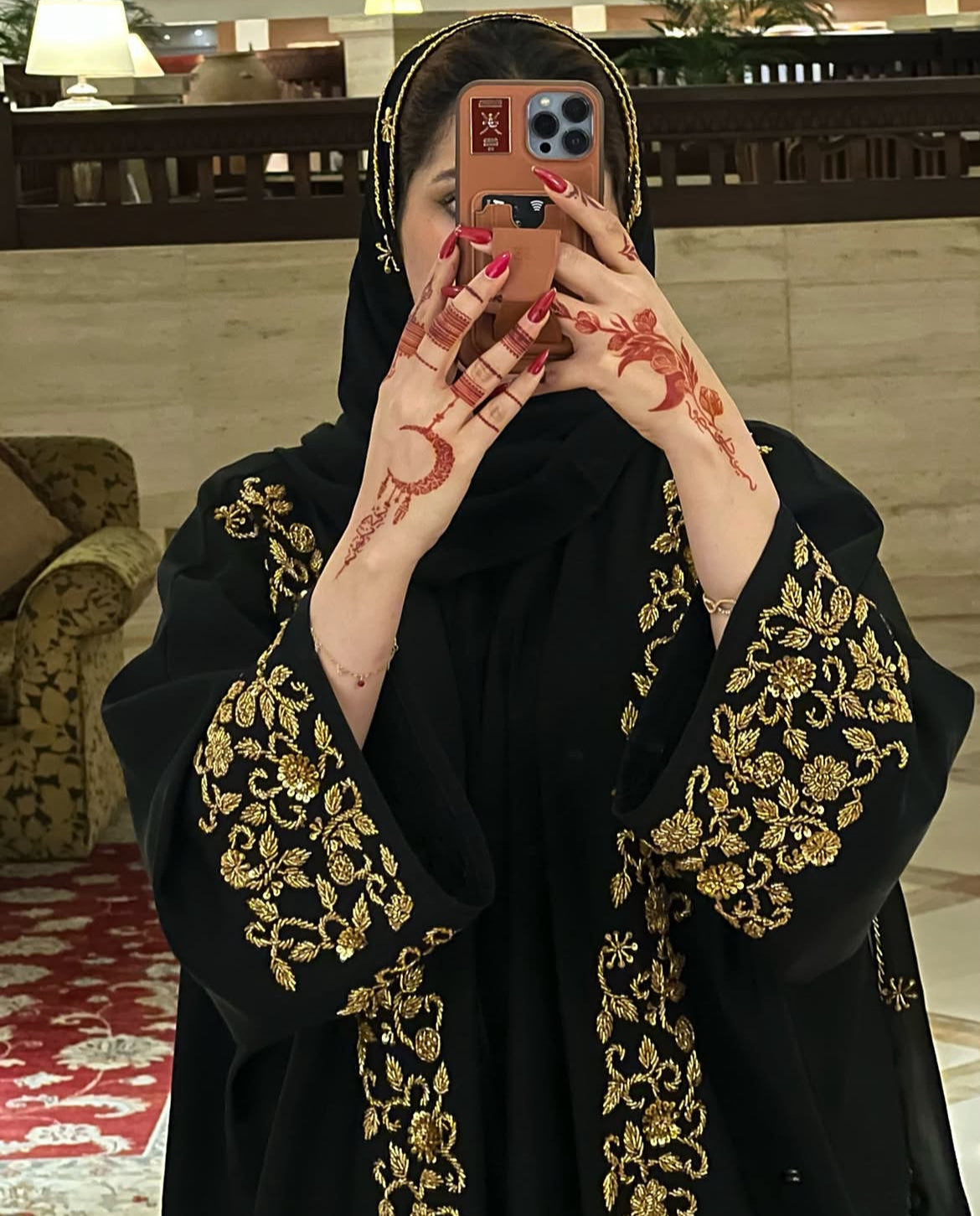 Ar-Rimal Gold Brocade Handwork Abaya - 3 Piece Set