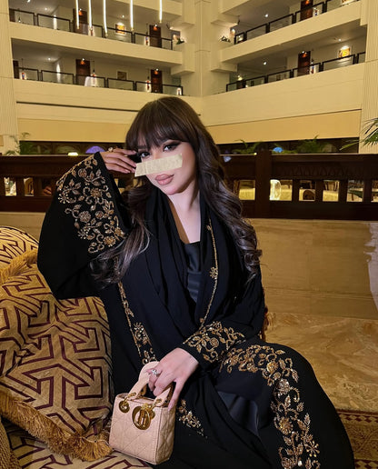 Ar-Rimal Gold Brocade Handwork Abaya - 3 Piece Set