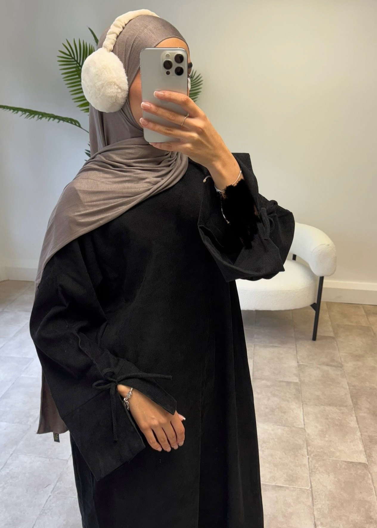 Corduroy Mini Bow Sleeve Abaya